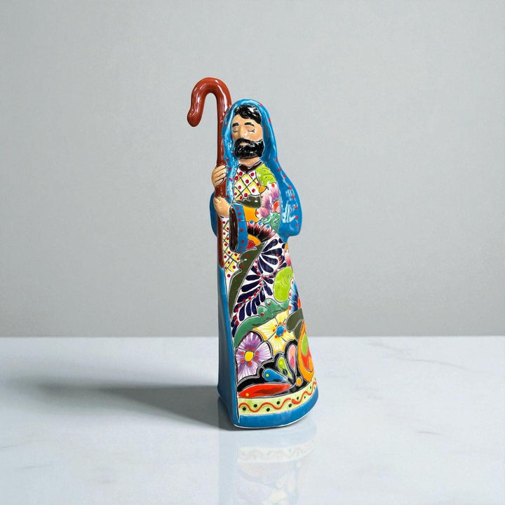 Beautiful Hand Painted Mexican Talavera 2-Piece Nativity Set, Light Blue & Orange