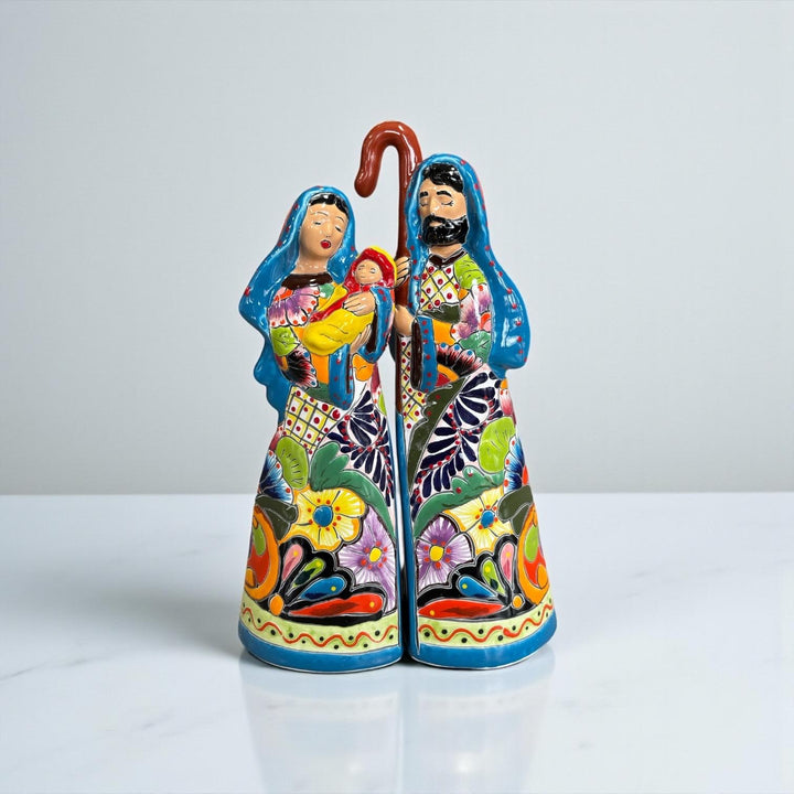 Beautiful Hand Painted Mexican Talavera 2-Piece Nativity Set, Light Blue & Orange