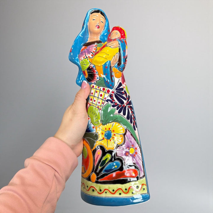 Beautiful Hand Painted Mexican Talavera 2-Piece Nativity Set, Light Blue & Orange