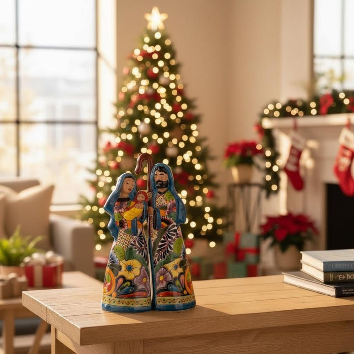 Beautiful Hand Painted Mexican Talavera 2-Piece Nativity Set, Light Blue & Orange