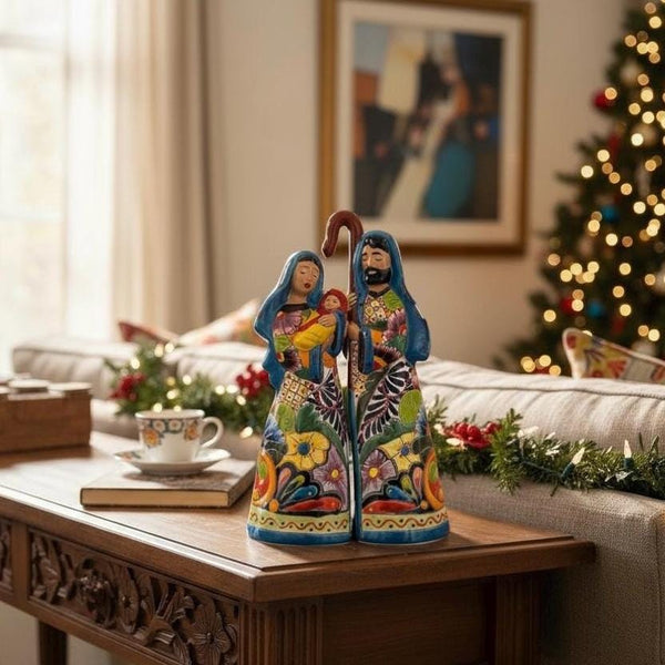 Beautiful Hand Painted Mexican Talavera 2-Piece Nativity Set, Light Blue & Orange