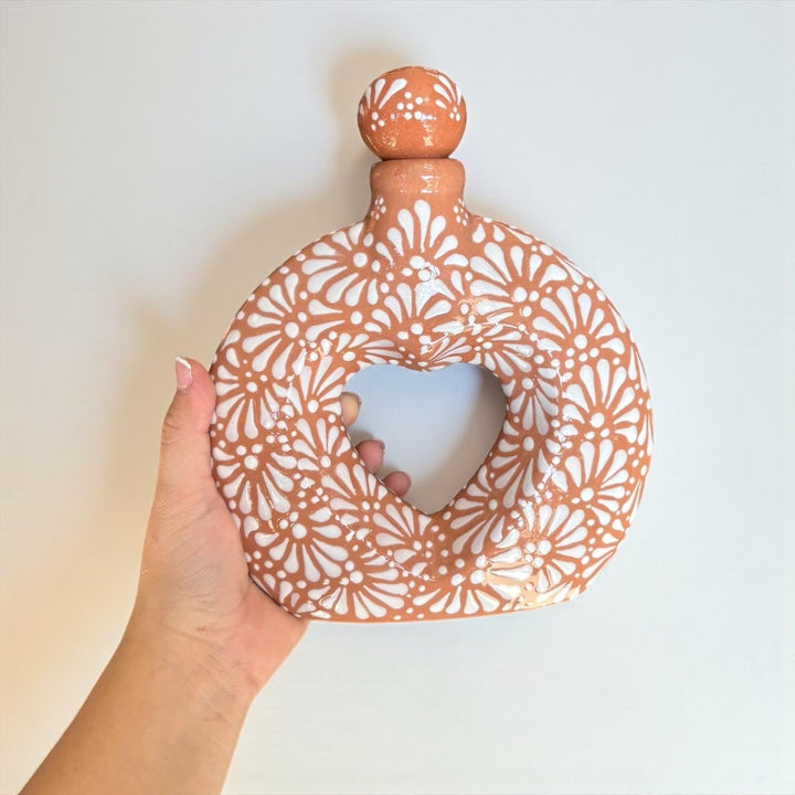 Hand Painted Mexican Talavera Heart Donut Decanter “Licorera” (Cielito Lindo Inspired), Light Brown & White