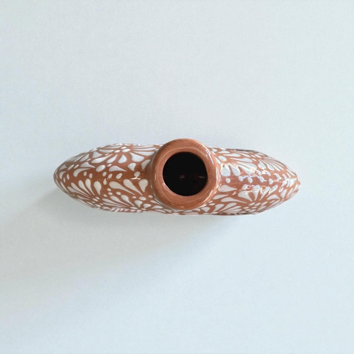 Hand Painted Mexican Talavera Heart Donut Decanter “Licorera” (Cielito Lindo Inspired), Light Brown & White