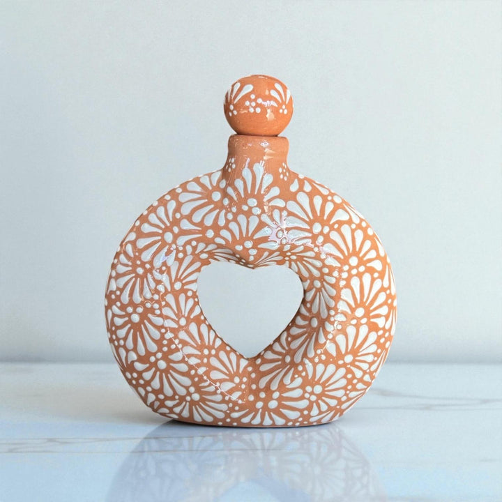Hand Painted Mexican Talavera Heart Donut Decanter “Licorera” (Cielito Lindo Inspired), Light Brown & White