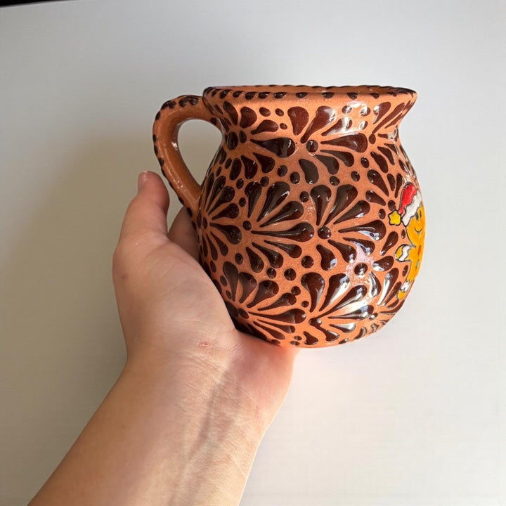 Hand Painted Talavera Cantarito with Handle Mug, Santa Gingerbread Brown & Dark Chocolate – Set of 2