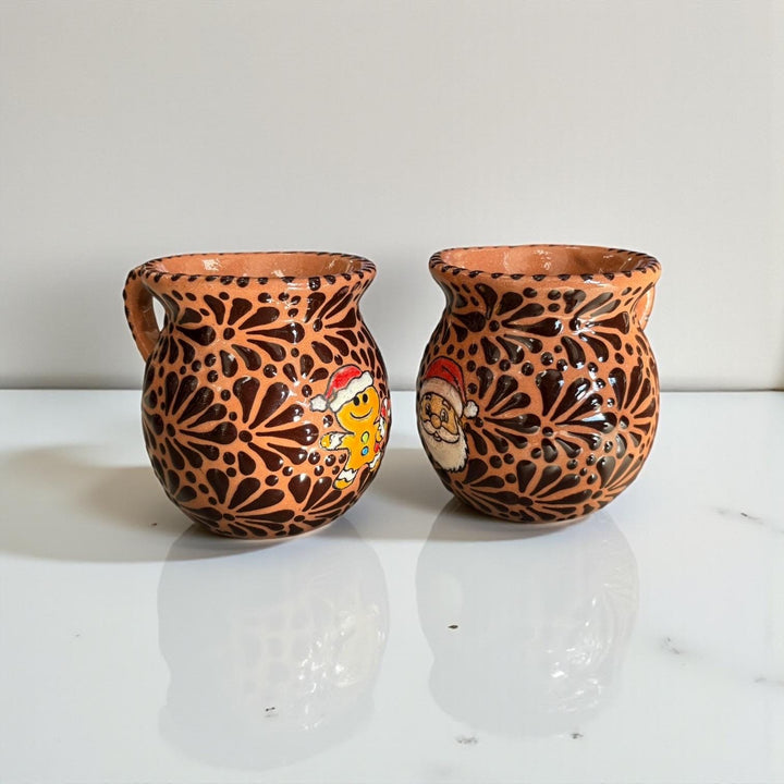 Hand Painted Talavera Cantarito with Handle Mug, Santa Gingerbread Brown & Dark Chocolate – Set of 2