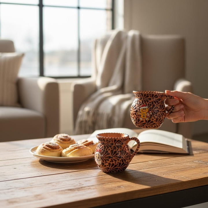 Hand Painted Talavera Cantarito with Handle Mug, Santa Gingerbread Brown & Dark Chocolate – Set of 2