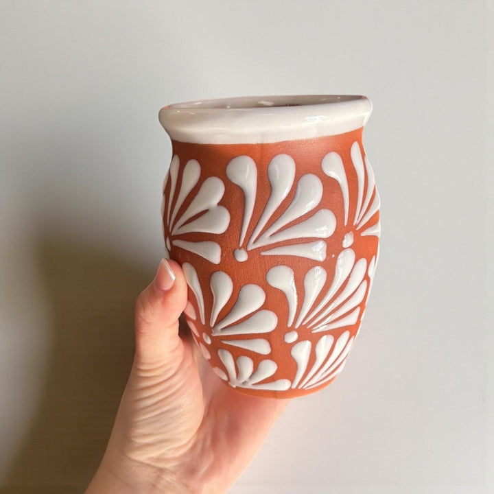 Hand Painted Rustic Clay Brown and White Cantarito Cup (Cielito Lindo) – Set of 2