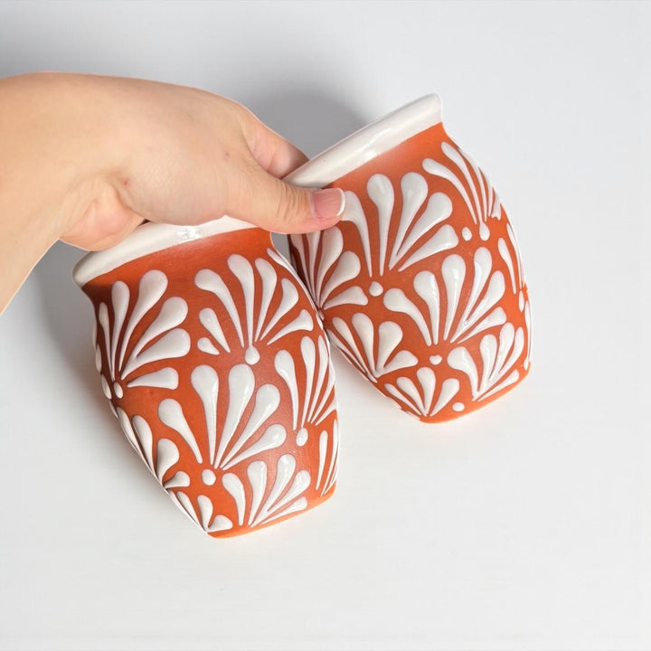 Hand Painted Rustic Clay Brown and White Cantarito Cup (Cielito Lindo) – Set of 2