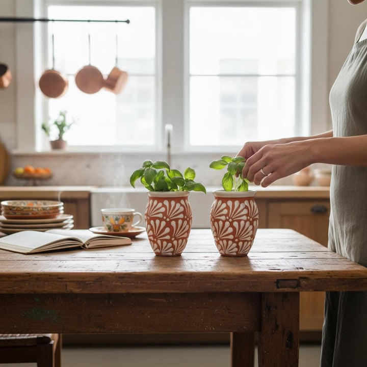Hand Painted Rustic Clay Brown and White Cantarito Cup (Cielito Lindo) – Set of 2