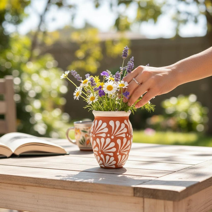Hand Painted Rustic Clay Brown and White Cantarito Cup (Cielito Lindo) – Set of 2
