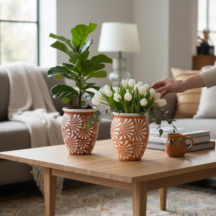 Hand Painted Large Brown and White Rustic Clay Cantarito – Assorted Quantities