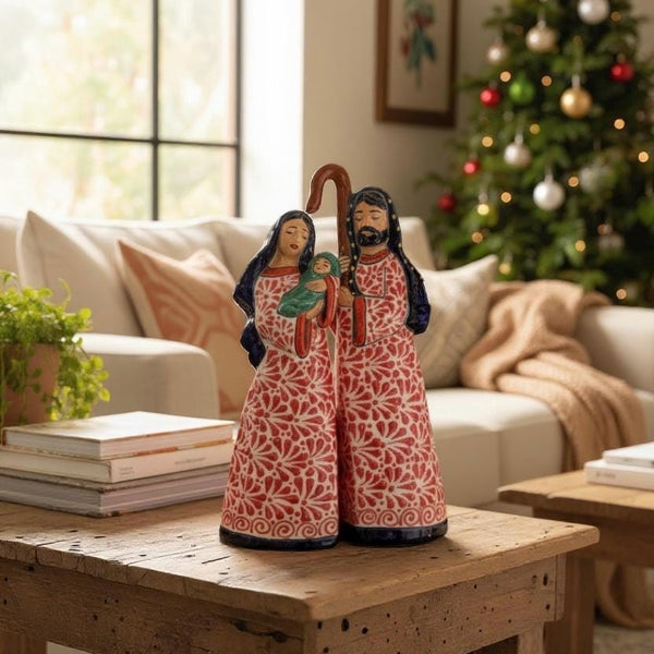 Beautiful Hand Painted Mexican Talavera 2-Piece Nativity Set, Blue & Pink (Cielito Lindo Inspired)