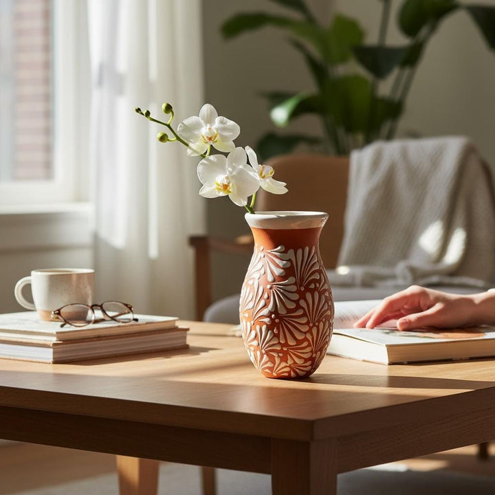 Hand Painted Brown and White Rustic Standard Clay Vase (Cielito Lindo Inspired)