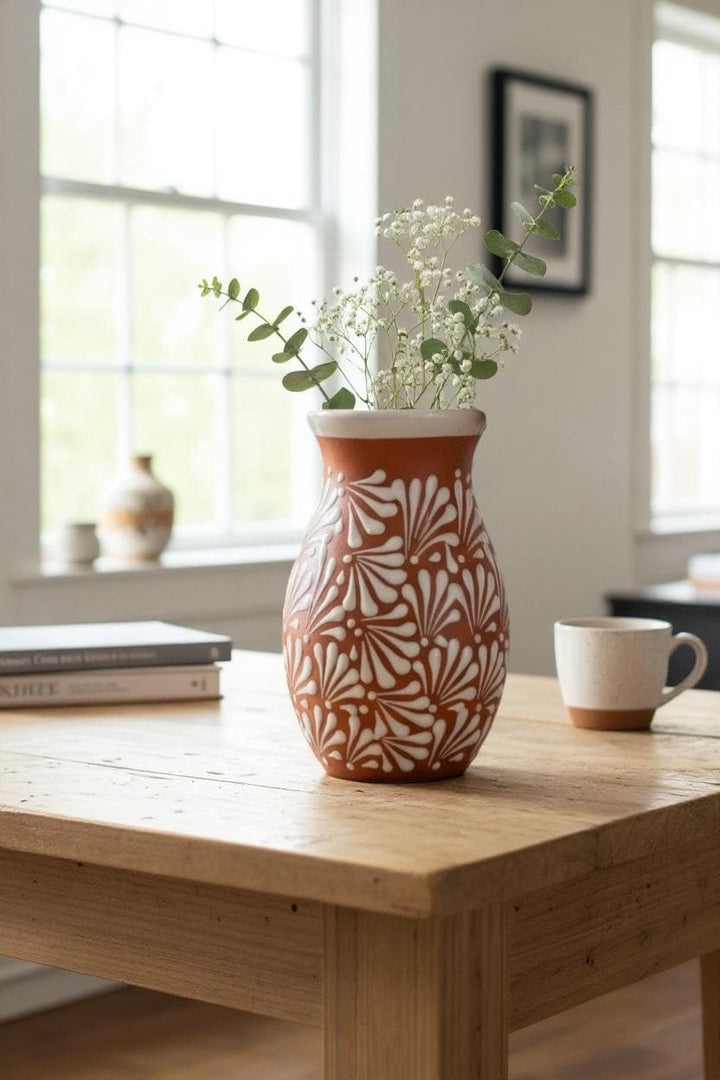 Hand Painted Brown and White Rustic Standard Clay Vase (Cielito Lindo Inspired)