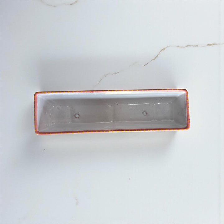 Hand Painted Mexican Talavera Long Planter, Pink Rim & Multicolor