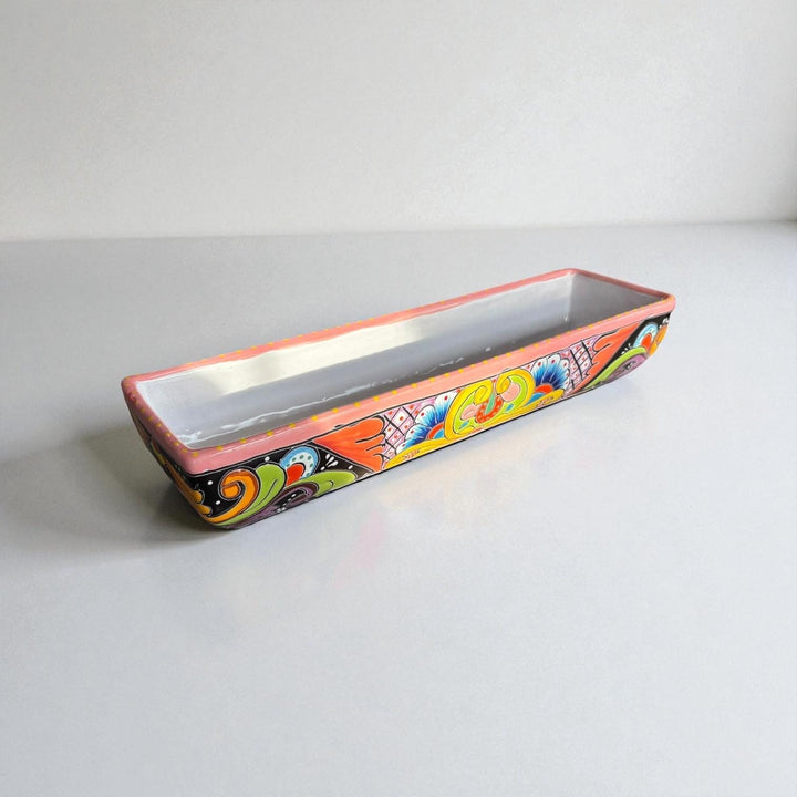 Hand Painted Mexican Talavera Long Planter, Pink Rim & Multicolor