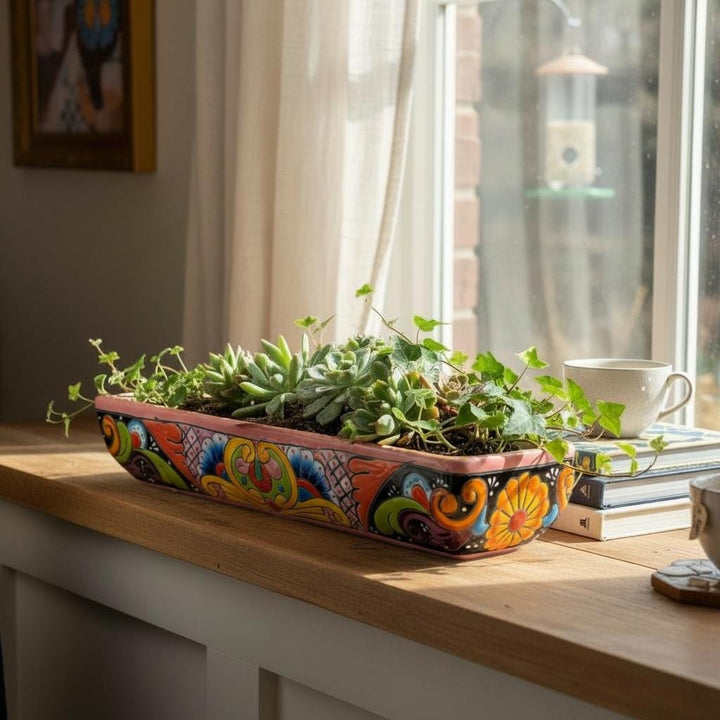 Hand Painted Mexican Talavera Long Planter, Pink Rim & Multicolor