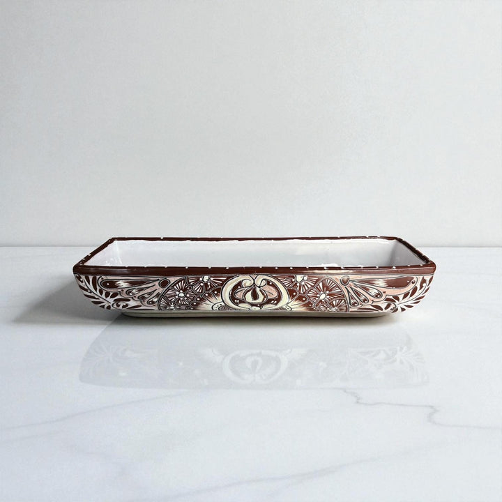 Hand Painted Mexican Talavera Long Planter, Expresso & White