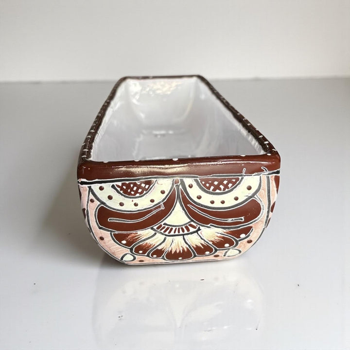 Hand Painted Mexican Talavera Long Planter, Expresso & White