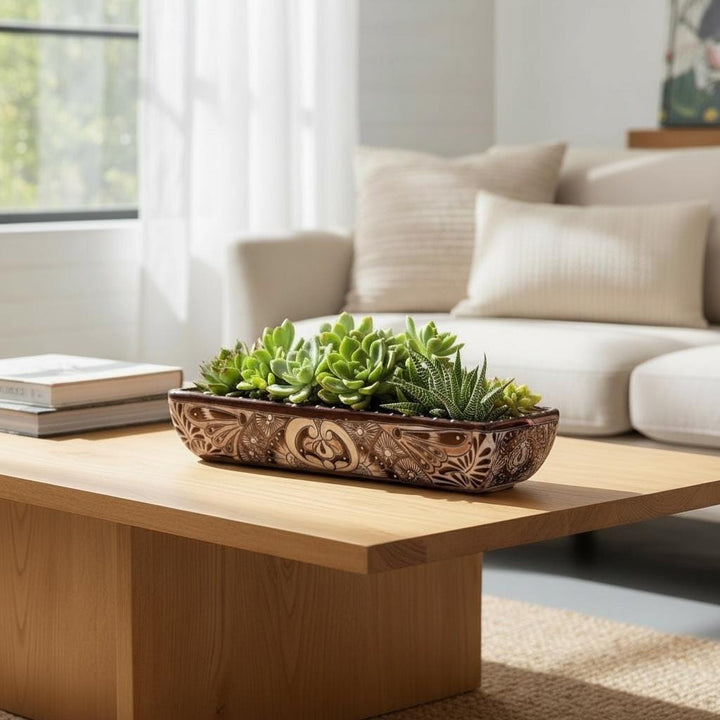 Hand Painted Mexican Talavera Long Planter, Expresso & White