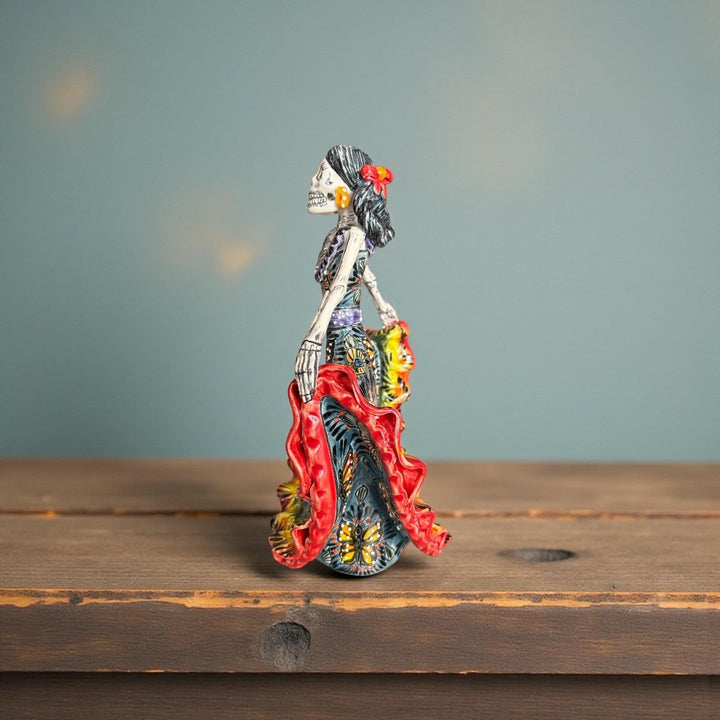 Small Handpainted Talavera Catrina Figurine, Dancing Skeleton in Folklórico Butterfly Dress