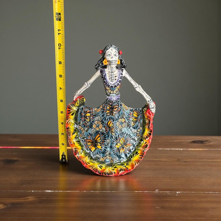 Small Handpainted Talavera Catrina Figurine, Dancing Skeleton in Folklórico Butterfly Dress