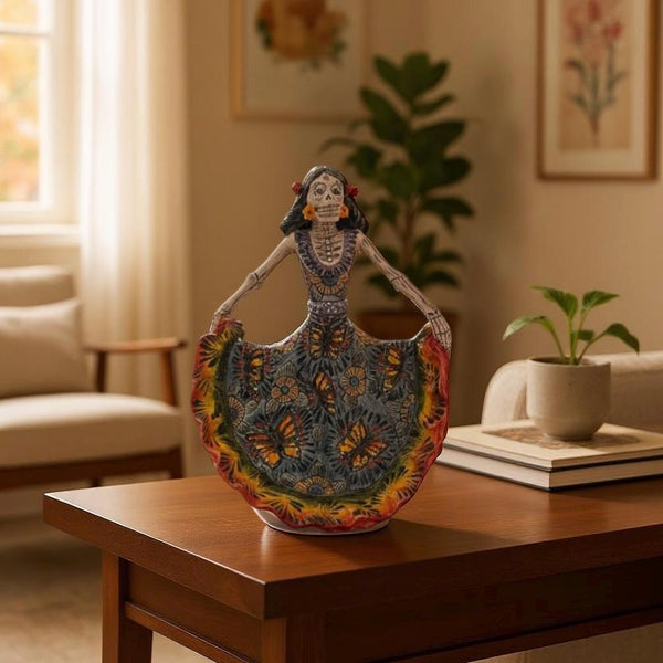 Small Handpainted Talavera Catrina Figurine, Dancing Skeleton in Folklórico Butterfly Dress