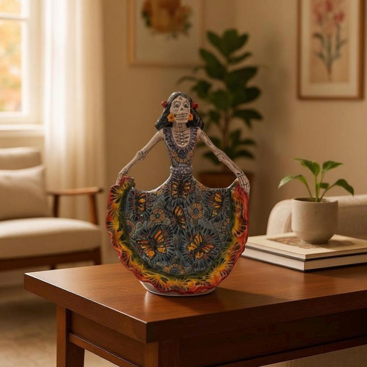 Small Handpainted Talavera Catrina Figurine, Dancing Skeleton in Folklórico Butterfly Dress