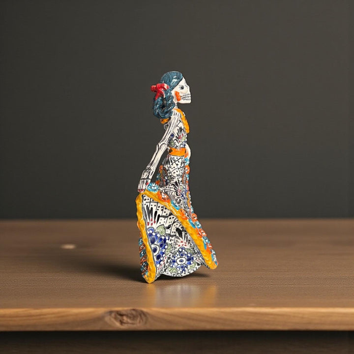 Small Handpainted Talavera Catrina Figurine, Dancing Skeleton in Orange & Blue Floral Folklórico Dress