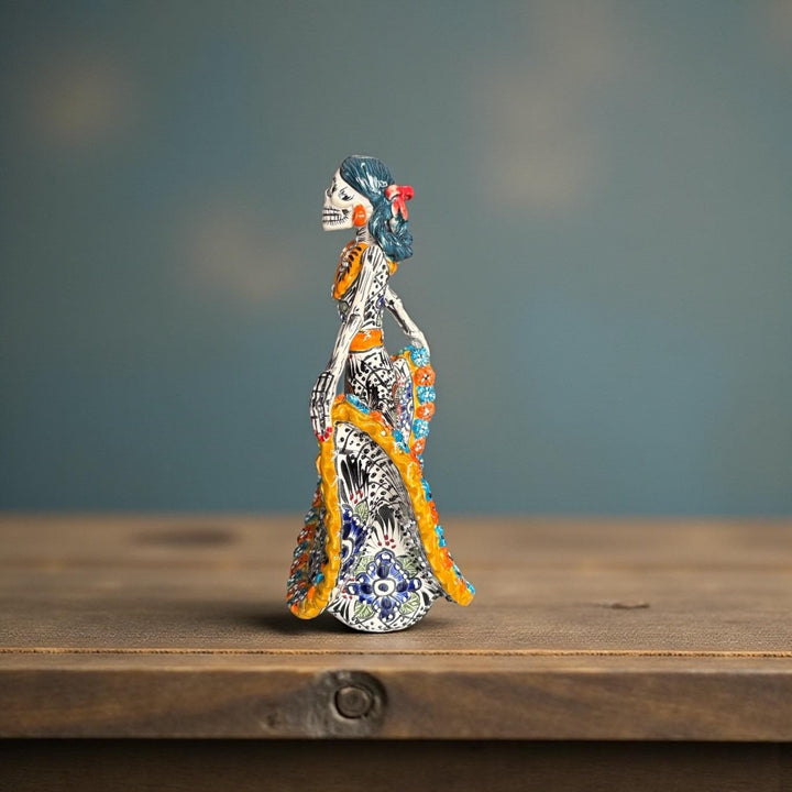 Small Handpainted Talavera Catrina Figurine, Dancing Skeleton in Orange & Blue Floral Folklórico Dress