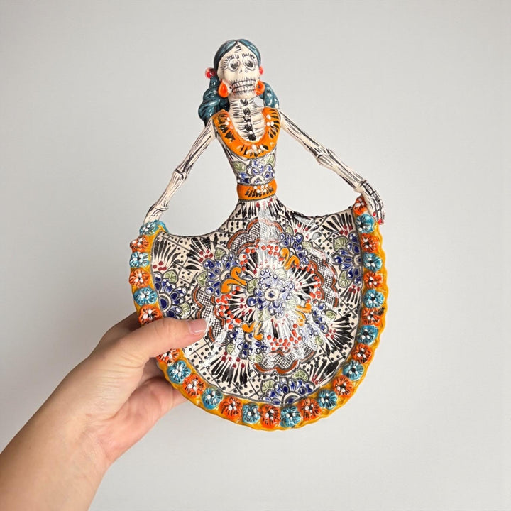 Small Handpainted Talavera Catrina Figurine, Dancing Skeleton in Orange & Blue Floral Folklórico Dress