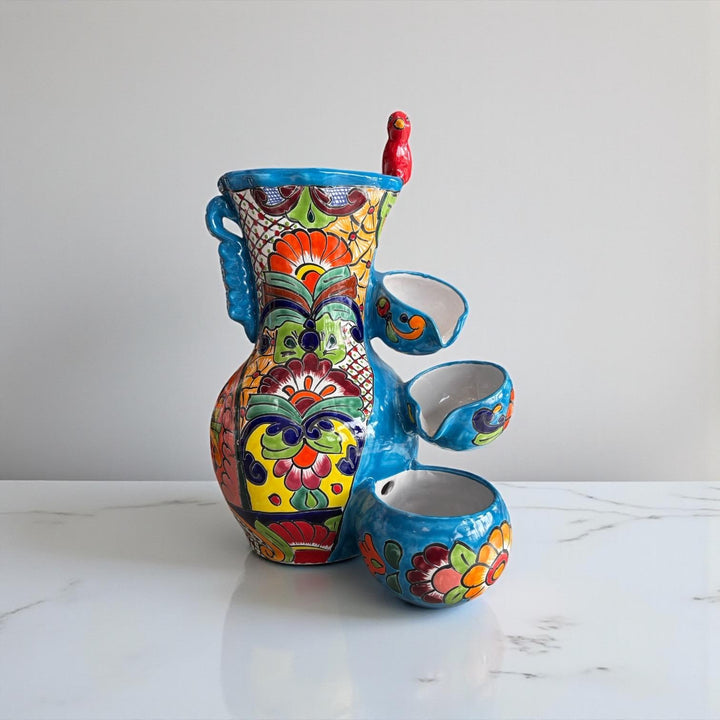 Vibrant Hand Painted Talavera Tabletop Tier Water Fountain, Light Blue – Free Shipping (Contiguous U.S. Only)