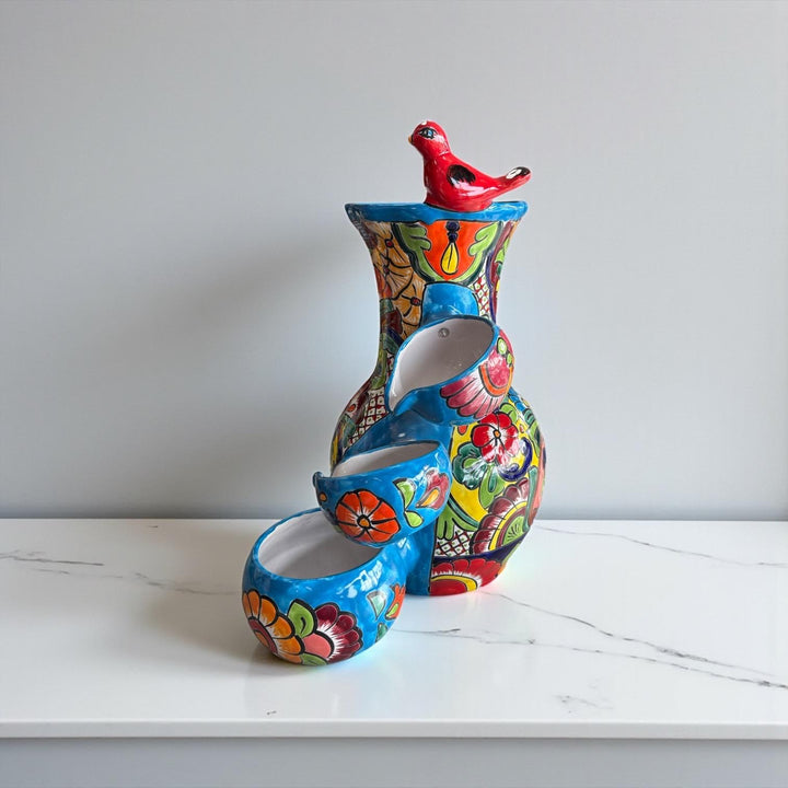 Vibrant Hand Painted Talavera Tabletop Tier Water Fountain, Light Blue – Free Shipping (Contiguous U.S. Only)