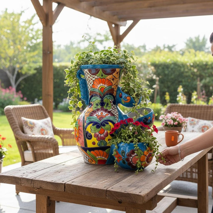 Vibrant Hand Painted Talavera Tabletop Tier Water Fountain, Light Blue – Free Shipping (Contiguous U.S. Only)