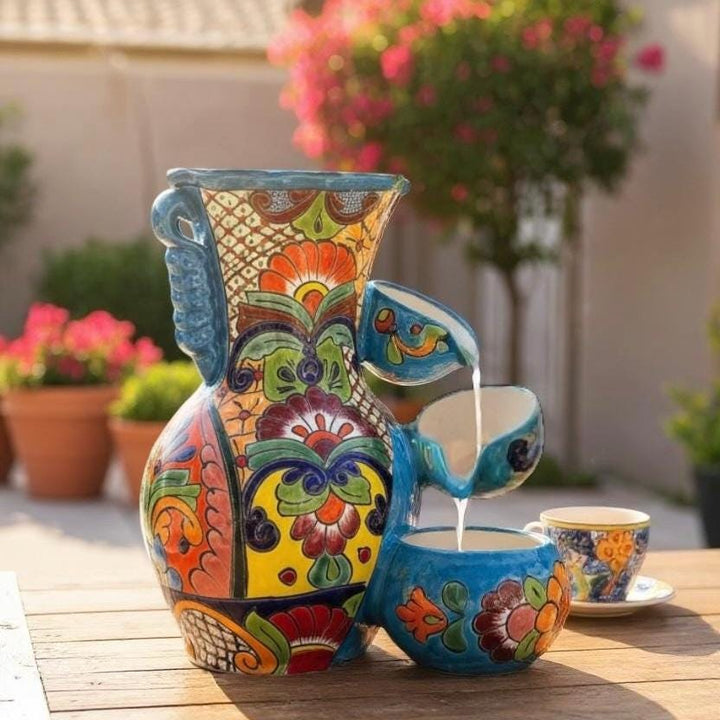 Vibrant Hand Painted Talavera Tabletop Tier Water Fountain, Light Blue – Free Shipping (Contiguous U.S. Only)