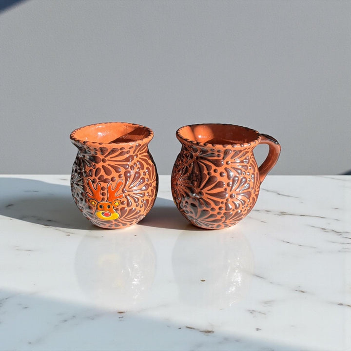 Hand Painted Talavera Christmas Cantarito with Handle Mug, Brown & Dark Chocolate Reindeer – Set of 2