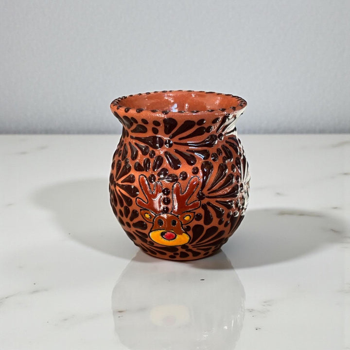 Hand Painted Talavera Christmas Cantarito with Handle Mug, Brown & Dark Chocolate Reindeer – Set of 2