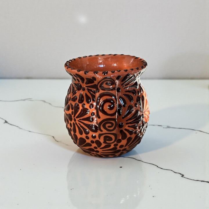 Hand Painted Talavera Christmas Cantarito with Handle Mug, Brown & Dark Chocolate Reindeer – Set of 2