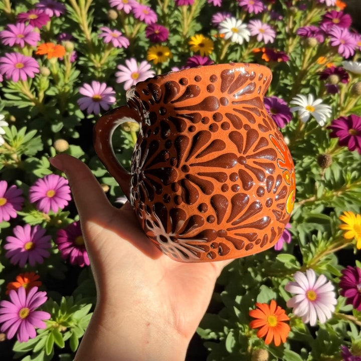 Hand Painted Talavera Christmas Cantarito with Handle Mug, Brown & Dark Chocolate Reindeer – Set of 2