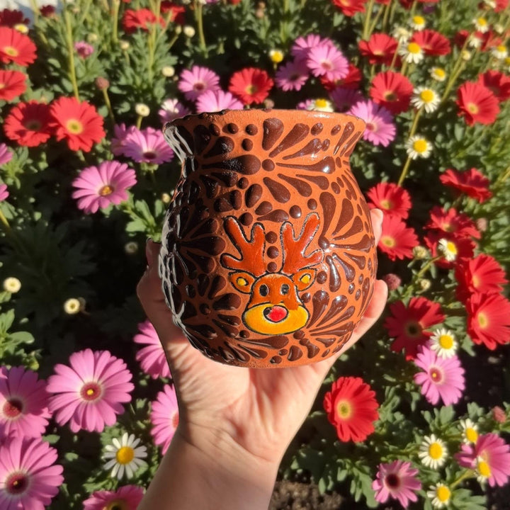 Hand Painted Talavera Christmas Cantarito with Handle Mug, Brown & Dark Chocolate Reindeer – Set of 2