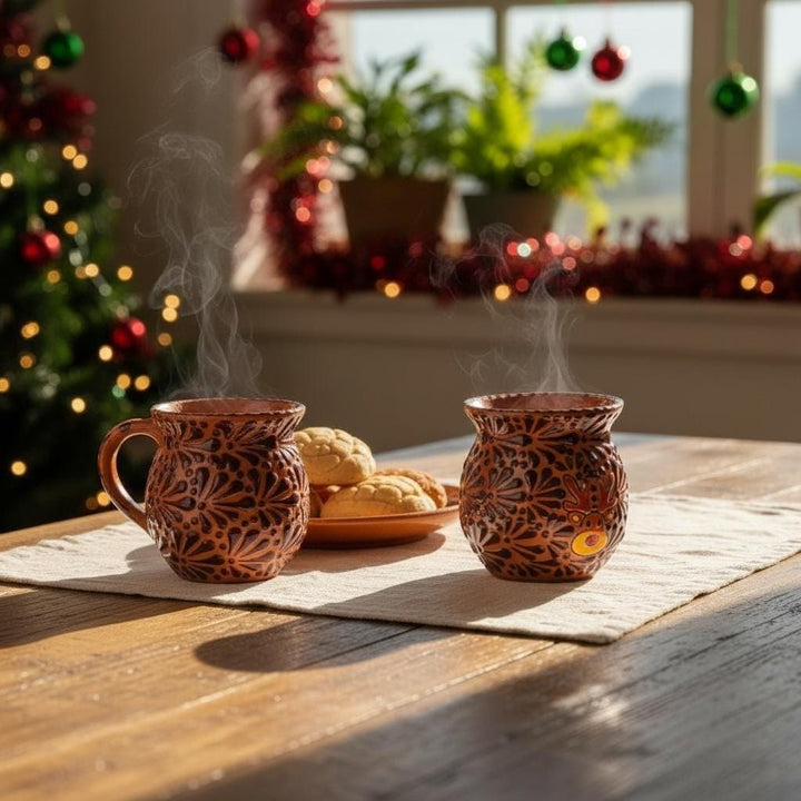 Hand Painted Talavera Christmas Cantarito with Handle Mug, Brown & Dark Chocolate Reindeer – Set of 2