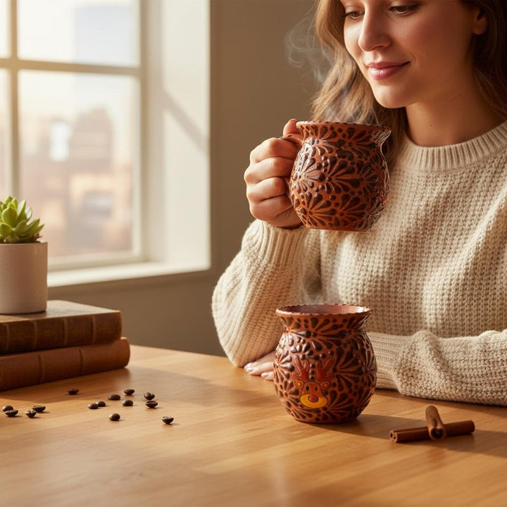 Hand Painted Talavera Christmas Cantarito with Handle Mug, Brown & Dark Chocolate Reindeer – Set of 2
