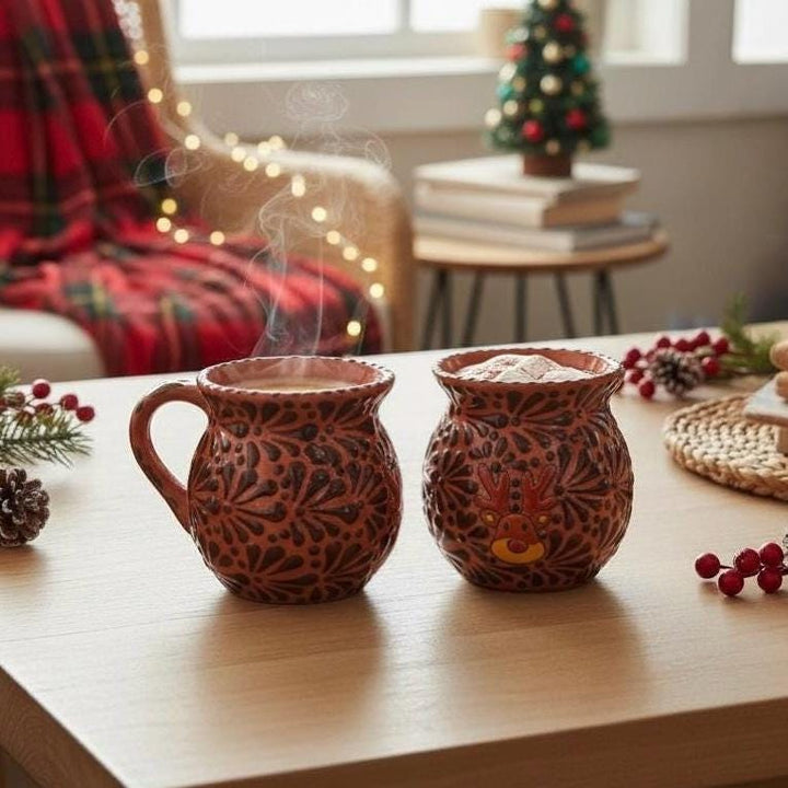 Hand Painted Talavera Christmas Cantarito with Handle Mug, Brown & Dark Chocolate Reindeer – Set of 2