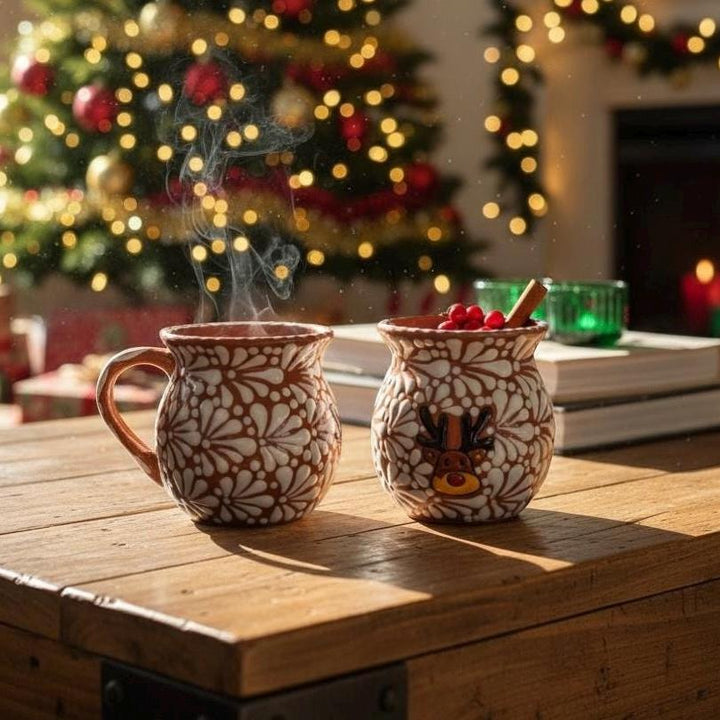 Hand Painted Talavera Christmas Cantarito with Handle Mug, Brown & White Reindeer – Set of 2