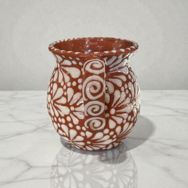 Hand Painted Talavera Christmas Cantarito with Handle Mug, Brown & White Poinsettia – Set of 2