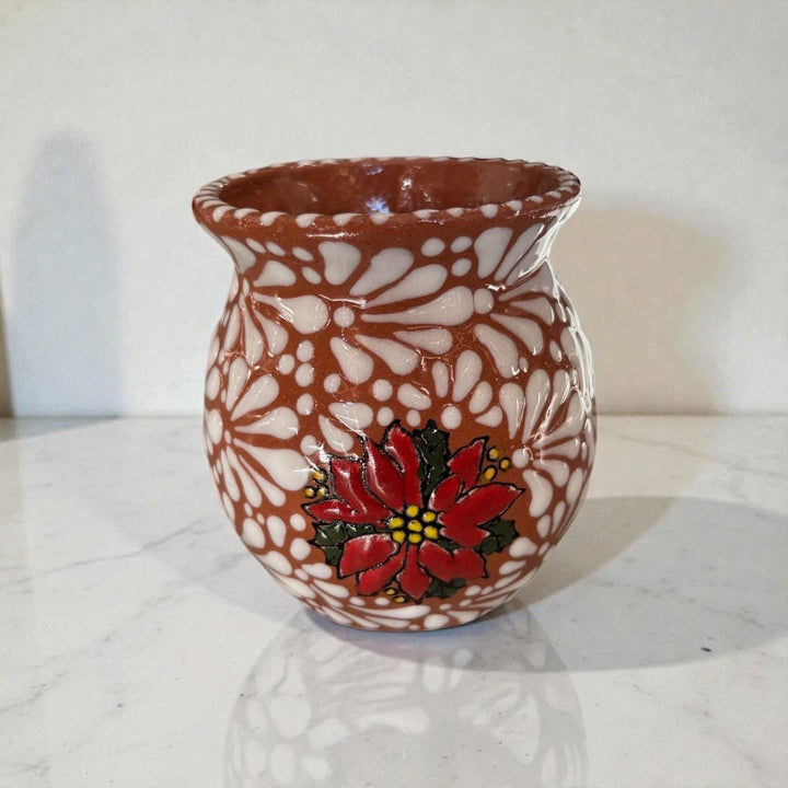 Hand Painted Talavera Christmas Cantarito with Handle Mug, Brown & White Poinsettia – Set of 2