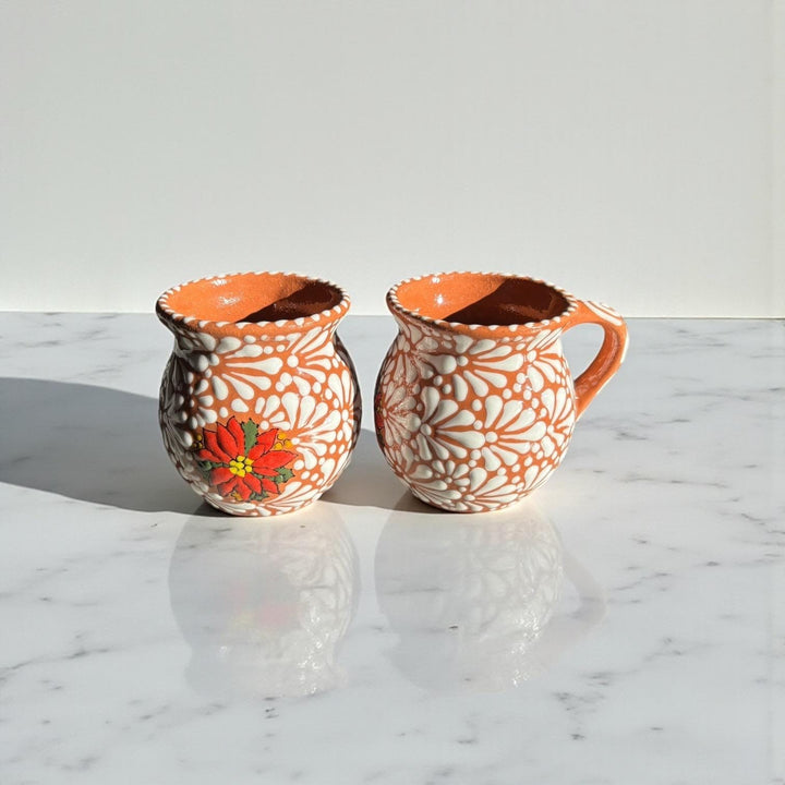 Hand Painted Talavera Christmas Cantarito with Handle Mug, Brown & White Poinsettia – Set of 2
