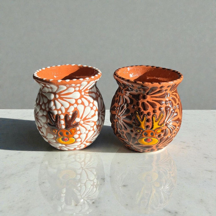 Hand Painted Talavera Christmas Cantarito with Handle Mug, Reindeer Brown Mix – Set of 2