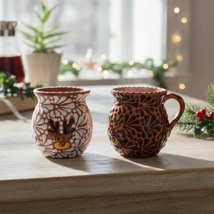 Hand Painted Talavera Christmas Cantarito with Handle Mug, Reindeer Brown Mix – Set of 2